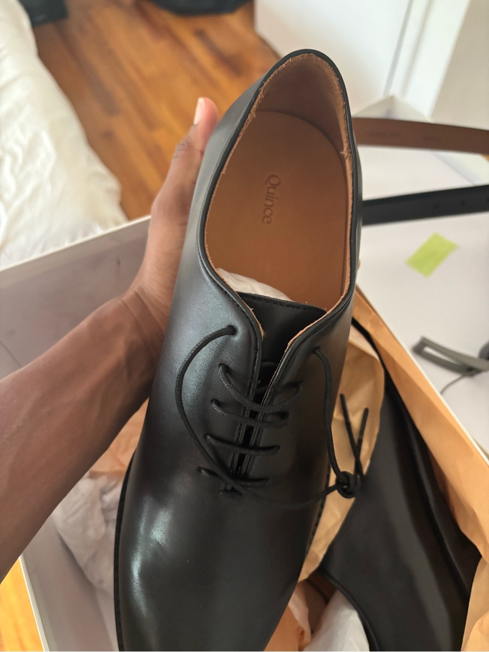 Quince Black Leather Derby Shoes with Tan Insole